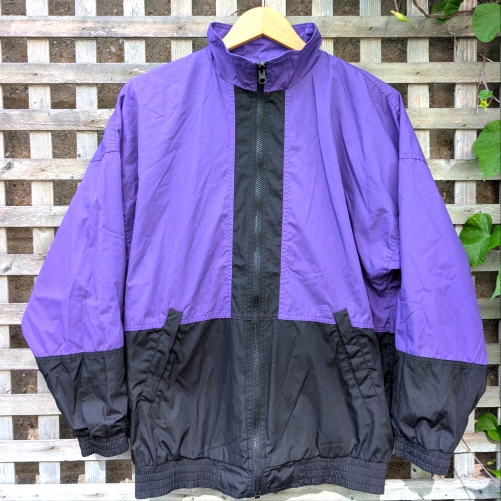 Vintage 90s Windbreaker Jacket Full Zip Purple Black Colorblock Adult Small